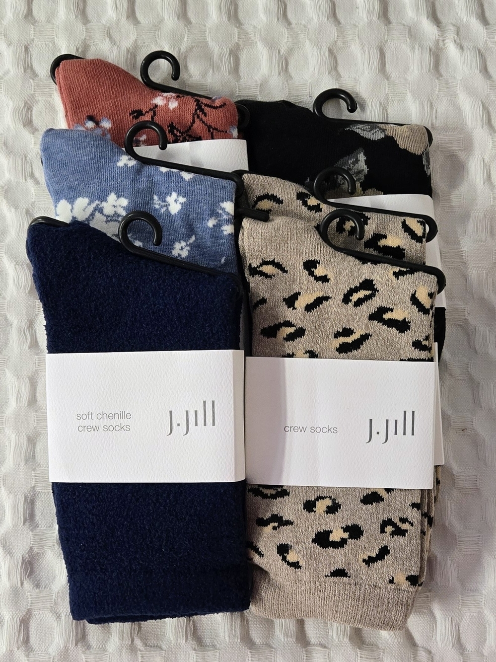 (6 Pair)J. Jill Mixed Pattern Crew Socks - Navy, Beige, Coral, Light Blue, Black